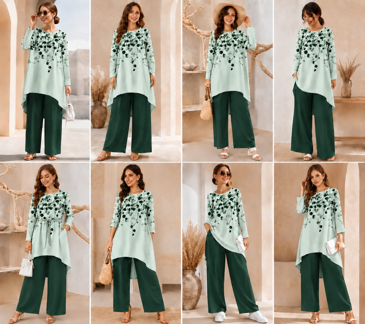 Women's Plus Size Leaf Print Top & Wide-Leg Pants Set