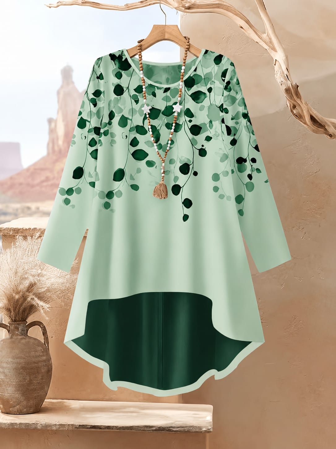 Women's Plus Size Leaf Print Top & Wide-Leg Pants Set