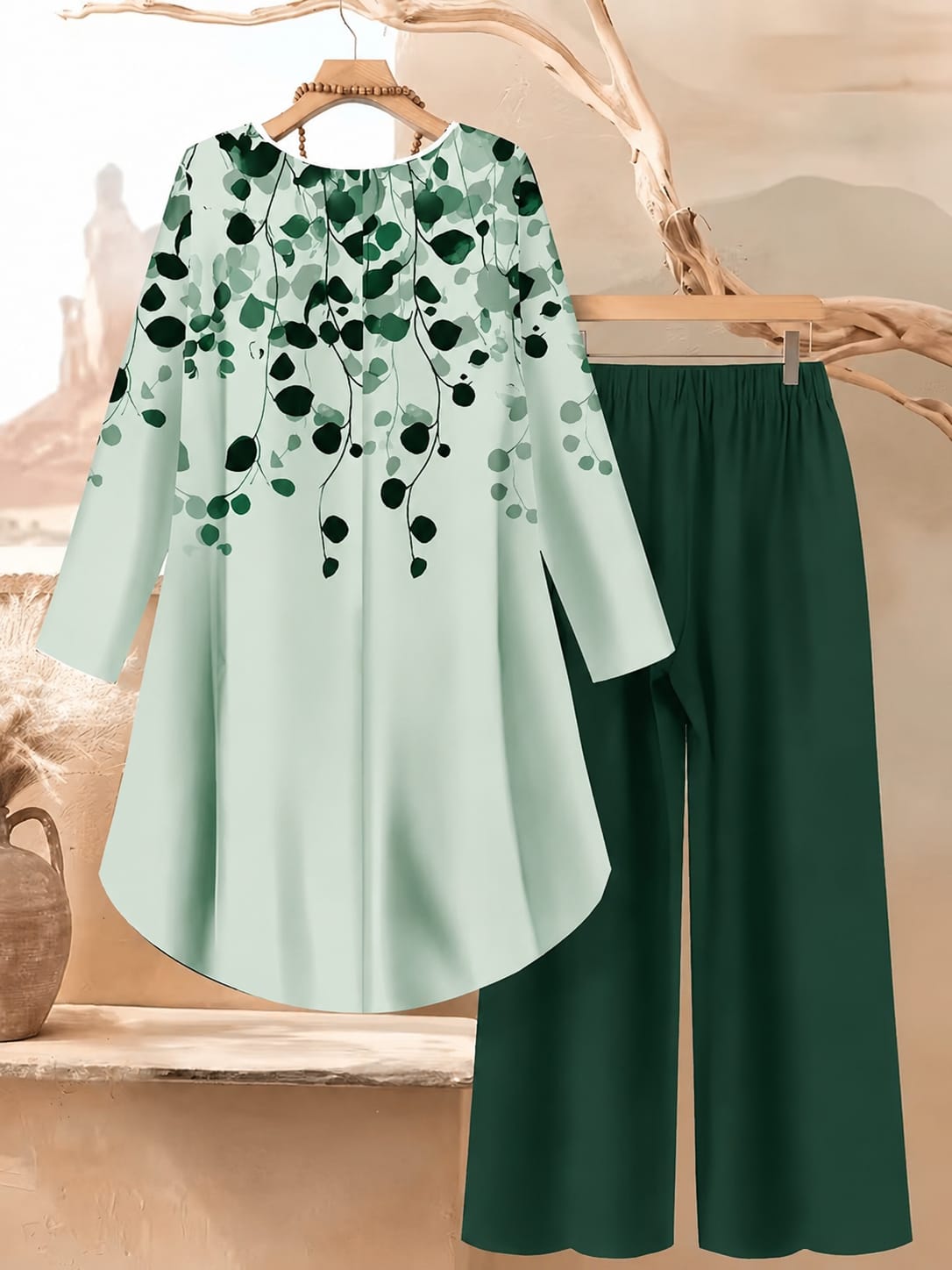 Women's Plus Size Leaf Print Top & Wide-Leg Pants Set