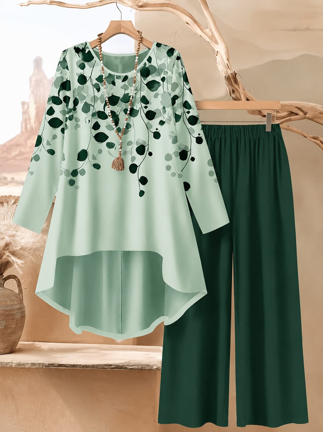 Women's Plus Size Leaf Print Top & Wide-Leg Pants Set