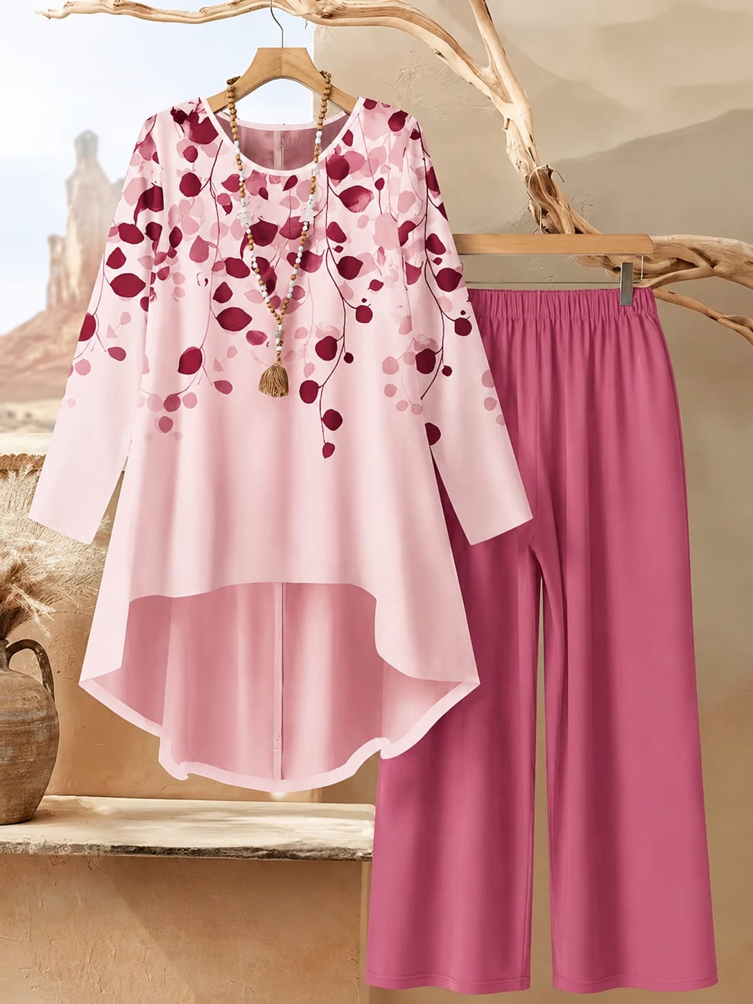 Women's Plus Size Leaf Print Top & Wide-Leg Pants Set