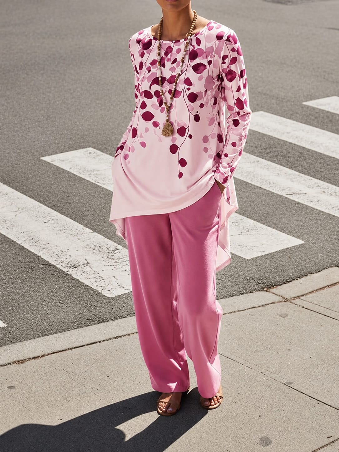 Women's Plus Size Leaf Print Top & Wide-Leg Pants Set