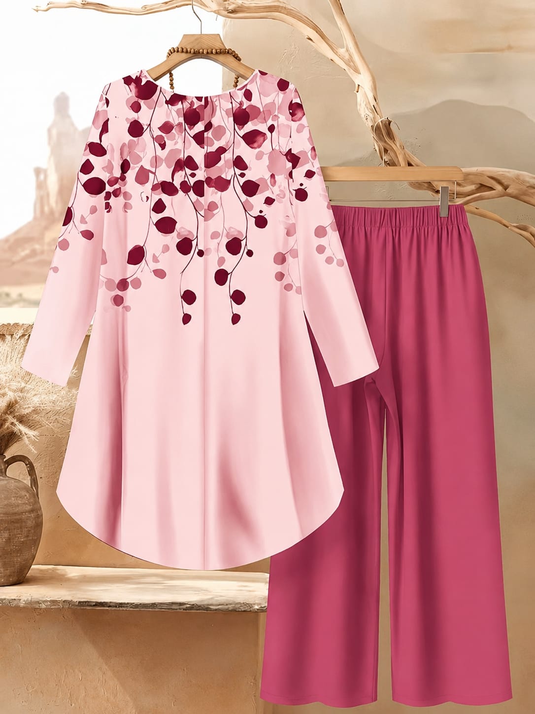 Women's Plus Size Leaf Print Top & Wide-Leg Pants Set