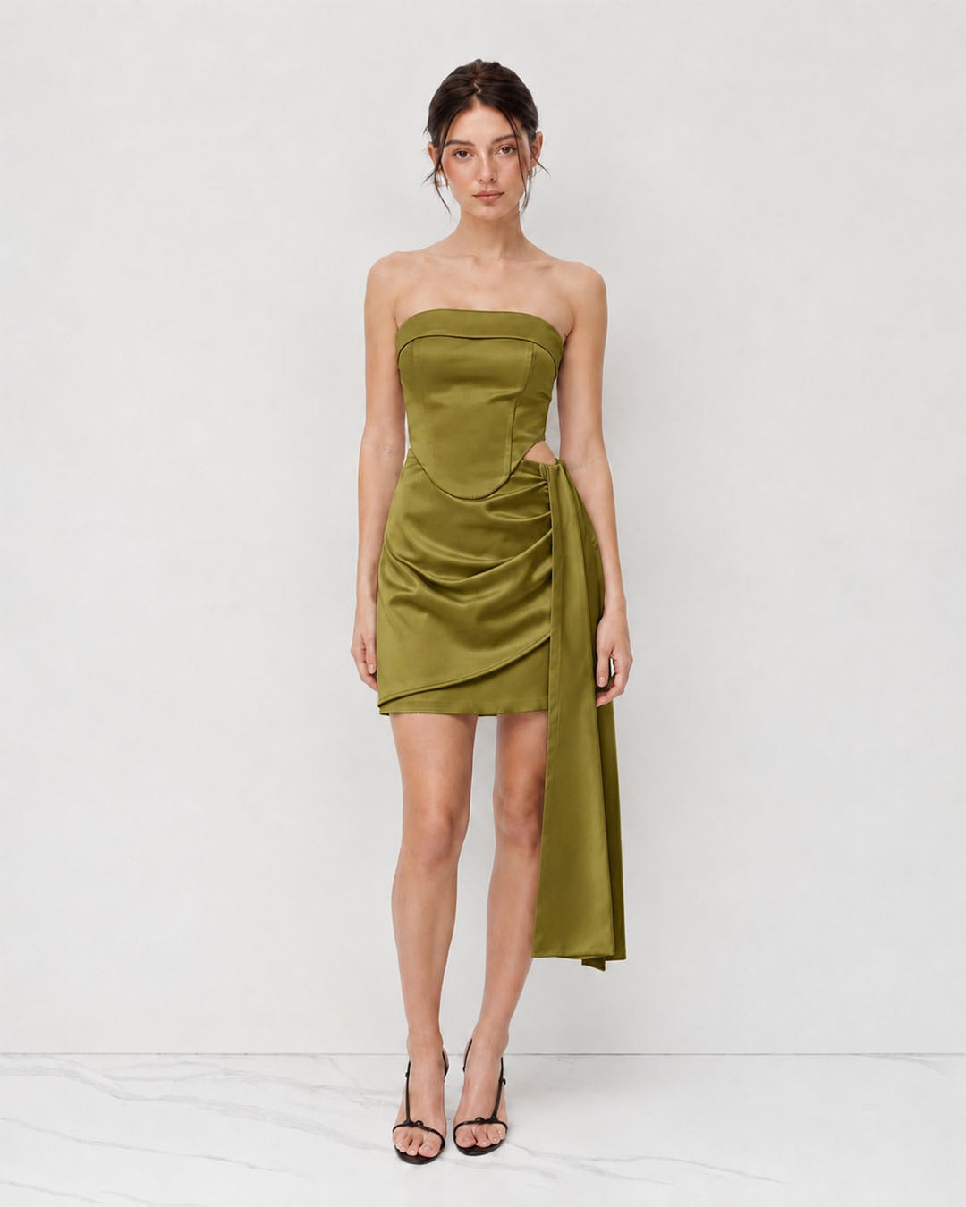 Strapless Draped Top & Mini Skirt Co-Ord Set in Dark Citron
