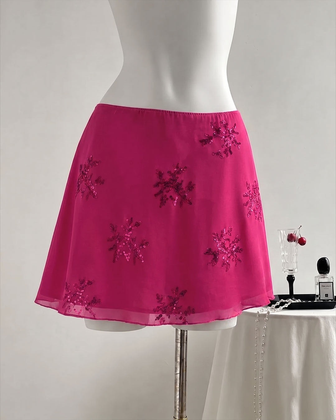 Fit and Flare Sequin Mini Skirt in Cherry