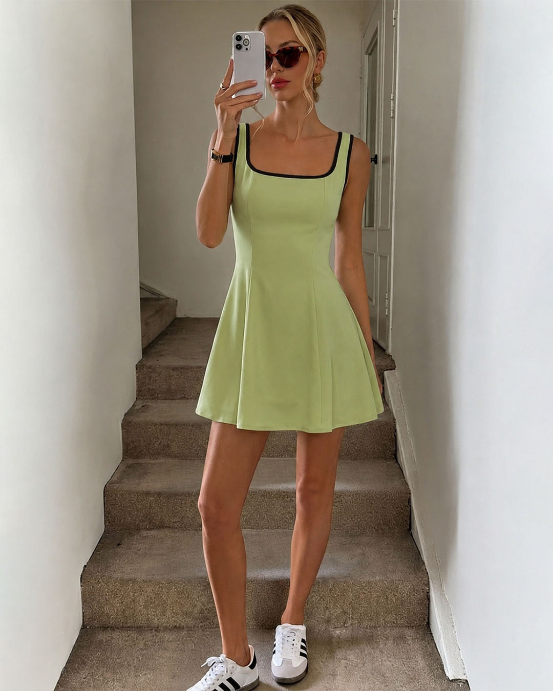 Contrast Trim Fit and Flare Mini Dress in Herbal Green