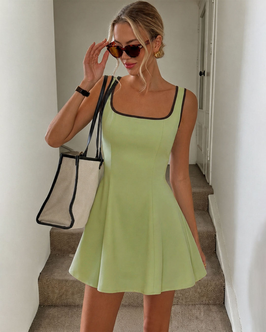 Contrast Trim Fit and Flare Mini Dress in Herbal Green