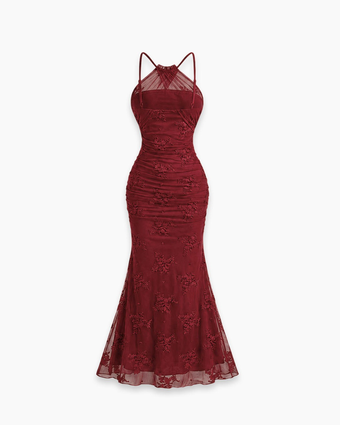 Halter Neck Ruched Mermaid Maxi Dress in Deep Maroon
