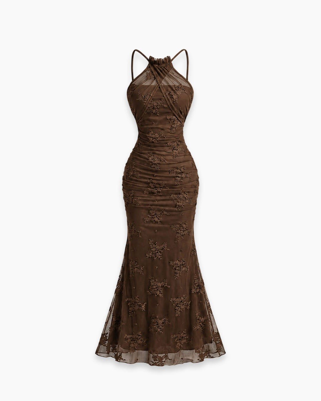 Halter Neck Ruched Mermaid Maxi Dress in Chocolate Brown
