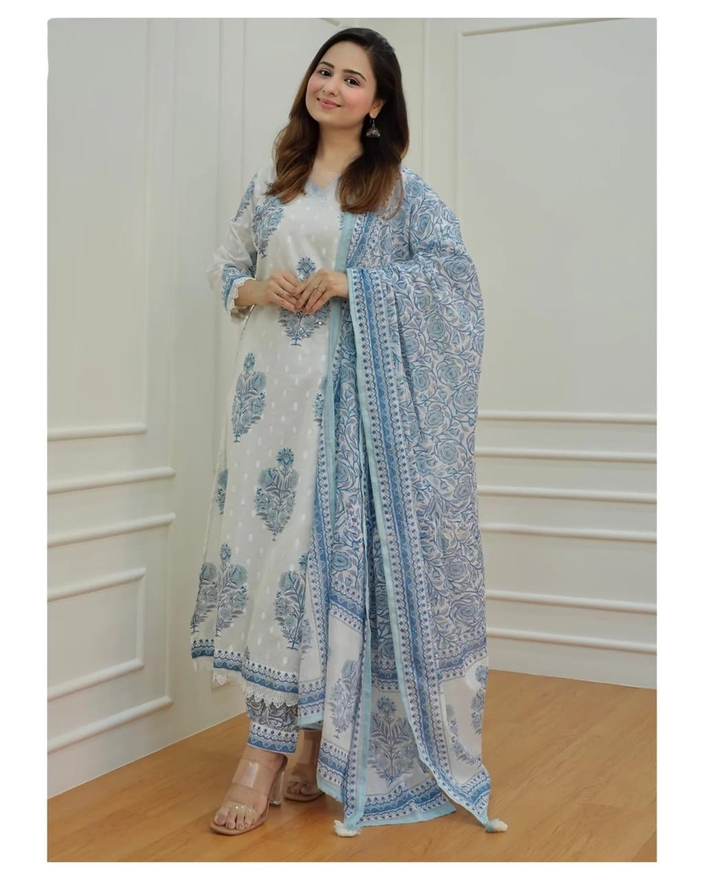 Handcrafted White-Grey Floral Afghani Suit Set