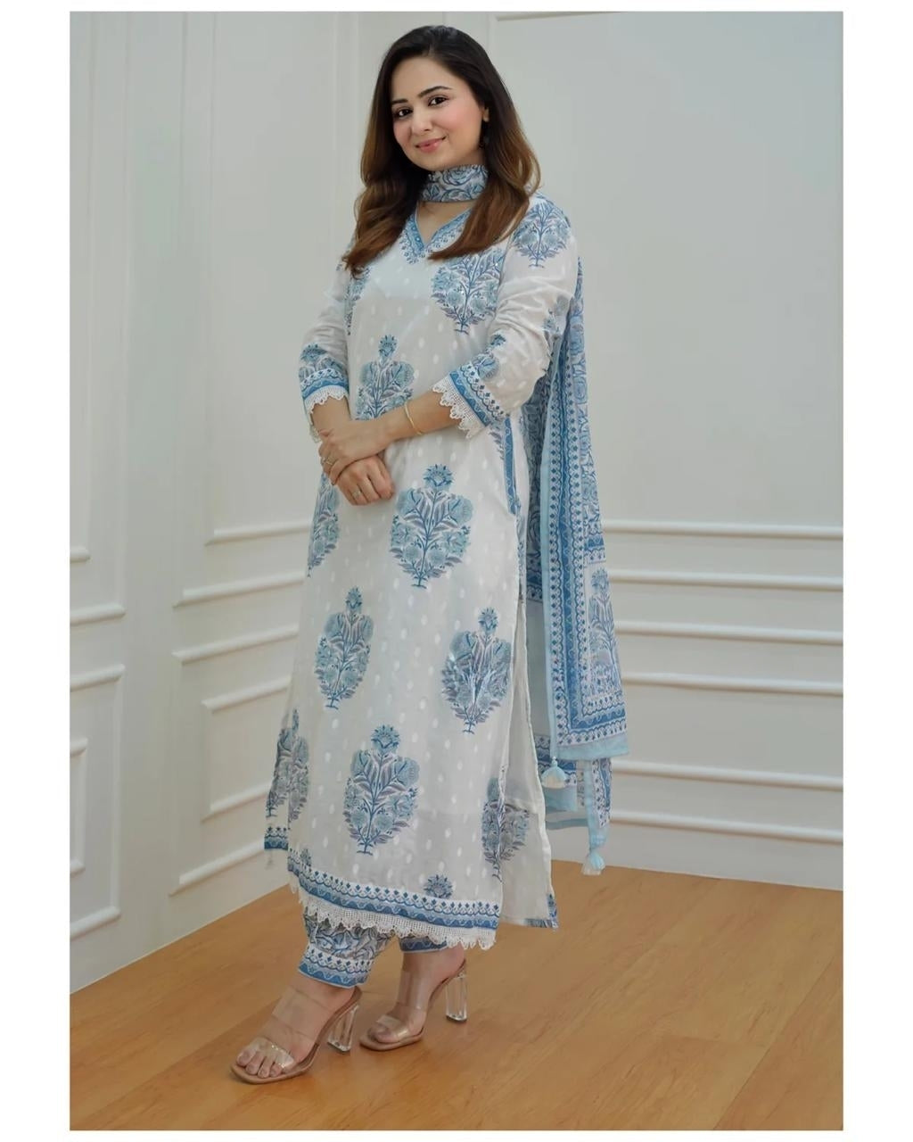 Handcrafted White-Grey Floral Afghani Suit Set