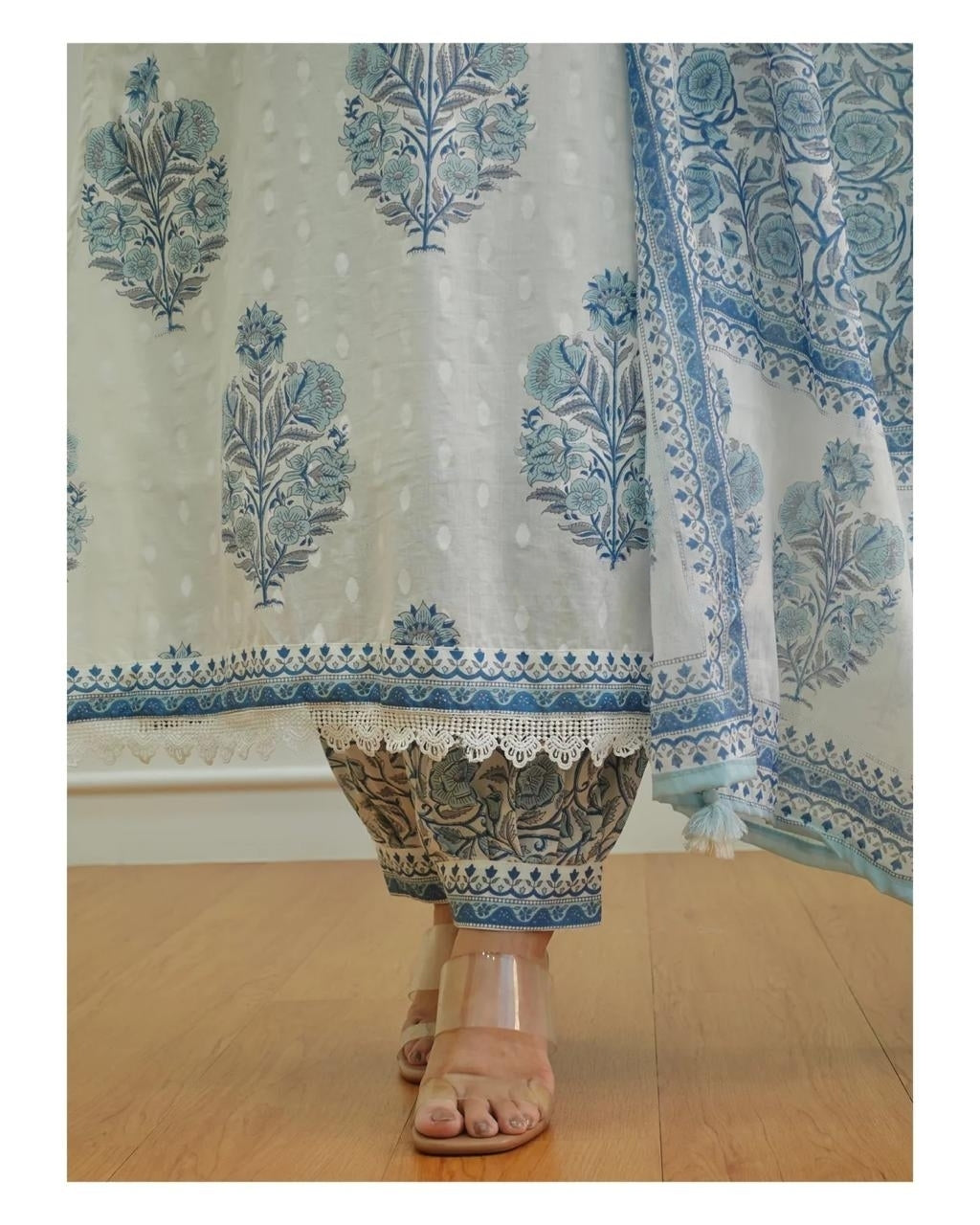 Handcrafted White-Grey Floral Afghani Suit Set