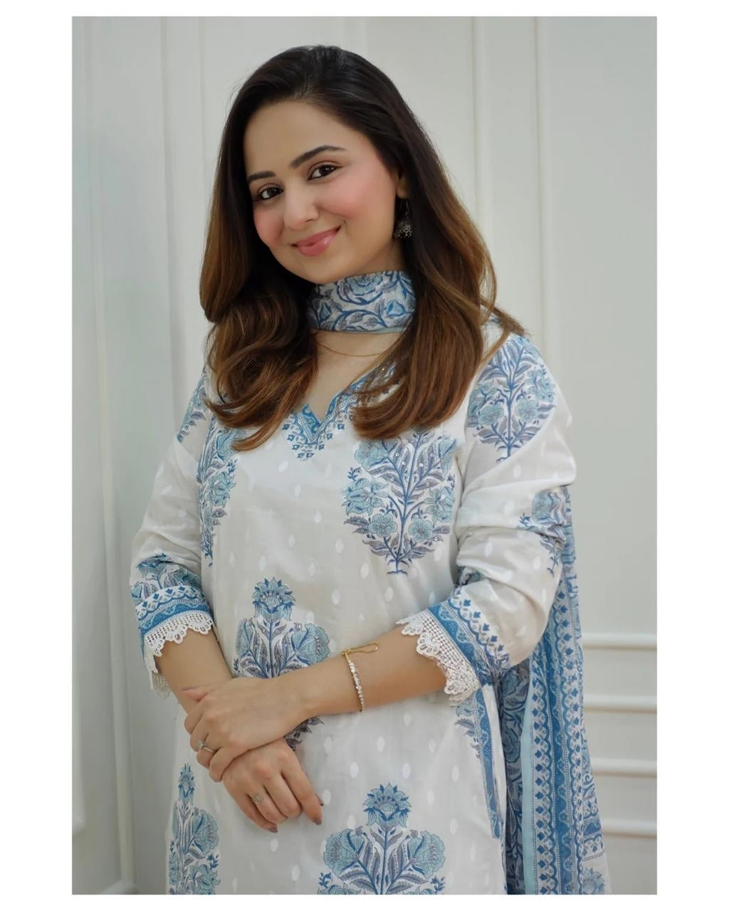 Handcrafted White-Grey Floral Afghani Suit Set