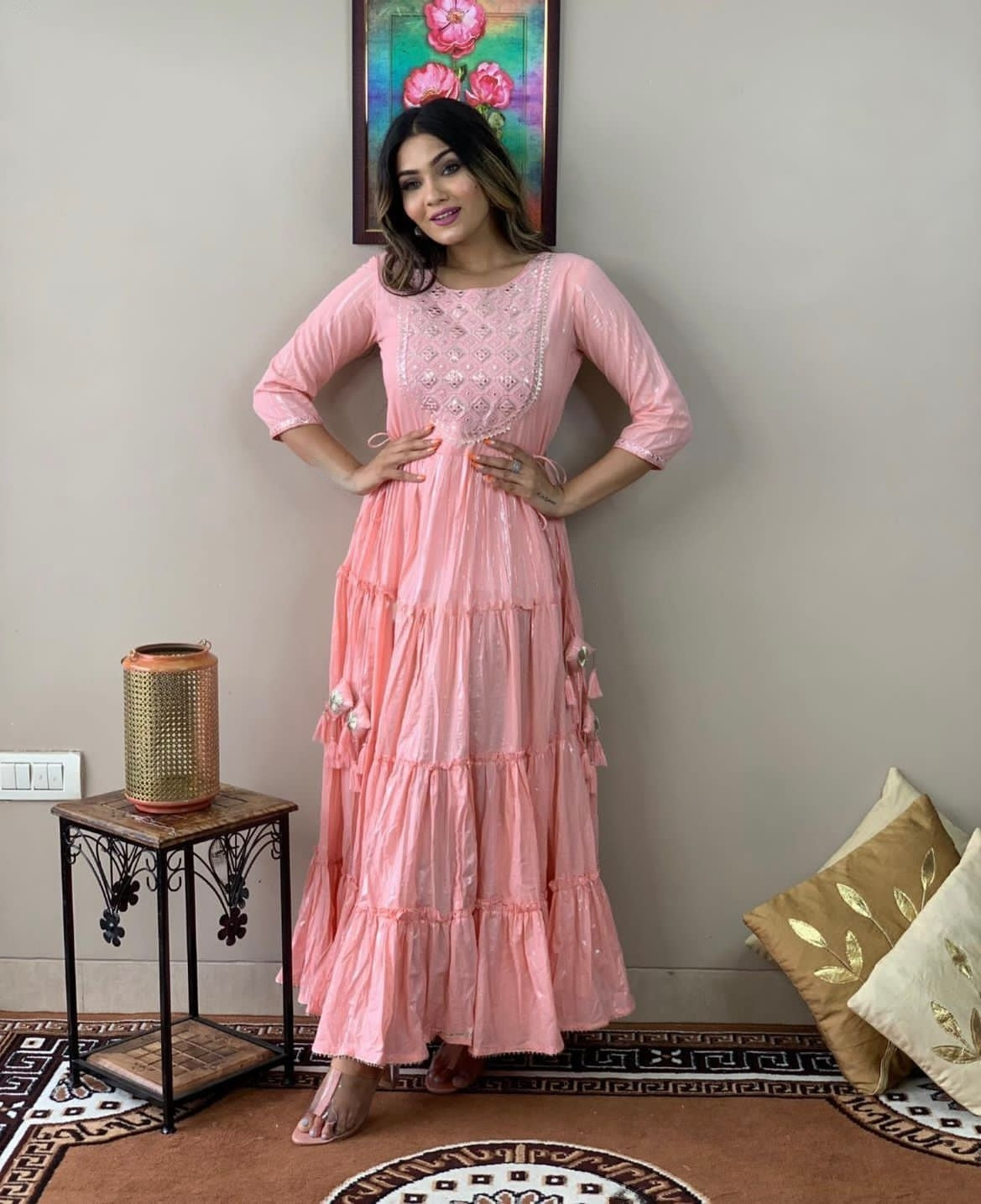 Ethereal Pink Floral Embroidered Rayon Lurex Long Gown