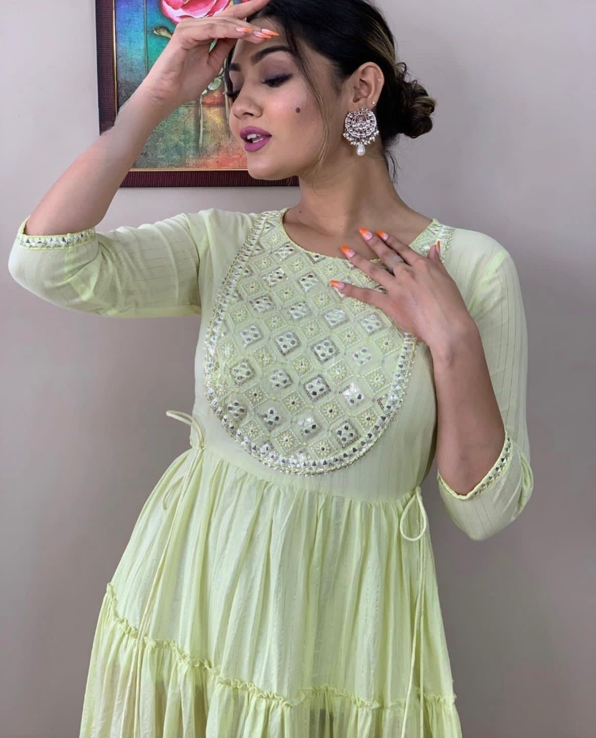 Elegant Light Green Floral Embroidered Rayon Lurex Long Gown
