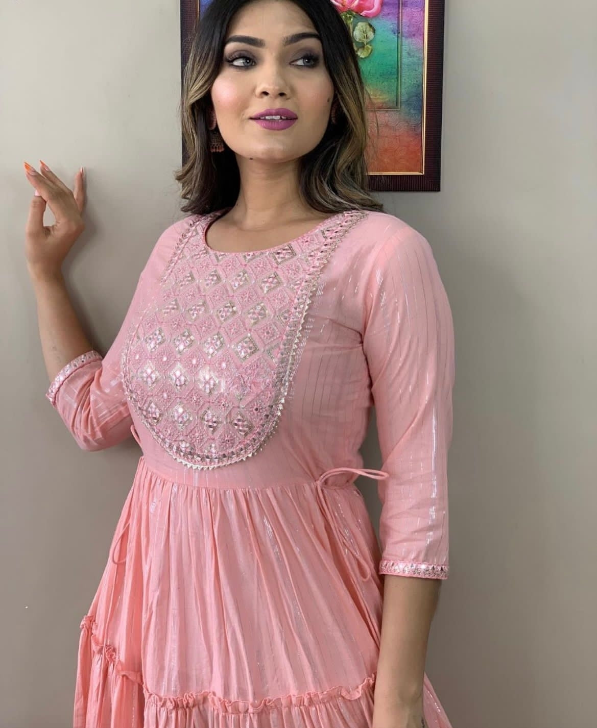 Ethereal Pink Floral Embroidered Rayon Lurex Long Gown