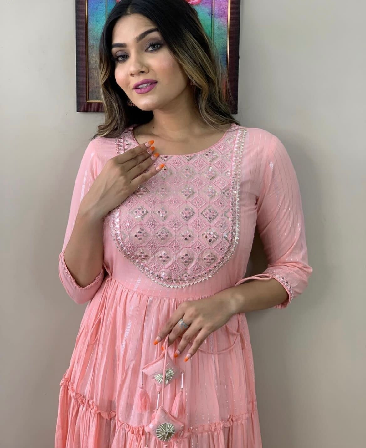 Ethereal Pink Floral Embroidered Rayon Lurex Long Gown