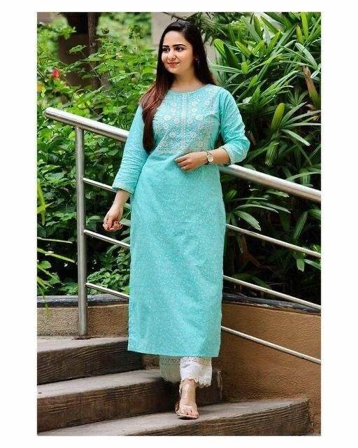 Light Blue Cotton Kurti with Mirror Embroidery and Pant with Lace Work