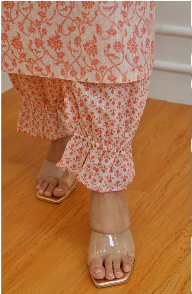 Peach Cambric Cotton Suit Set with Embroidery and Sequin Detailing