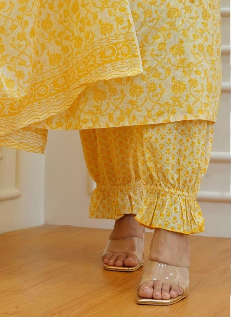 Yellow Cambric Cotton Suit Set with Embroidery and Sequin Detailing