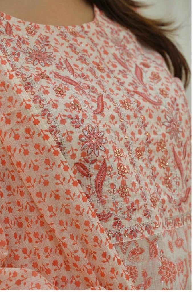 Peach Cambric Cotton Suit Set with Embroidery and Sequin Detailing