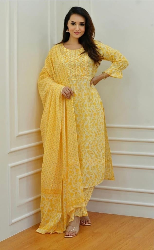 Yellow Cambric Cotton Suit Set with Embroidery and Sequin Detailing