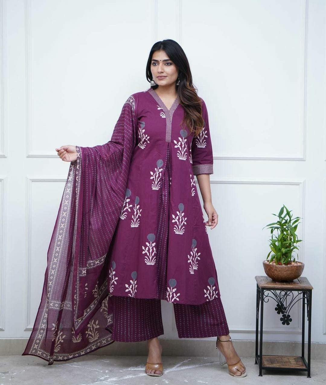 Embroidered A-Line Kurta Palazzo Set with Dupatta