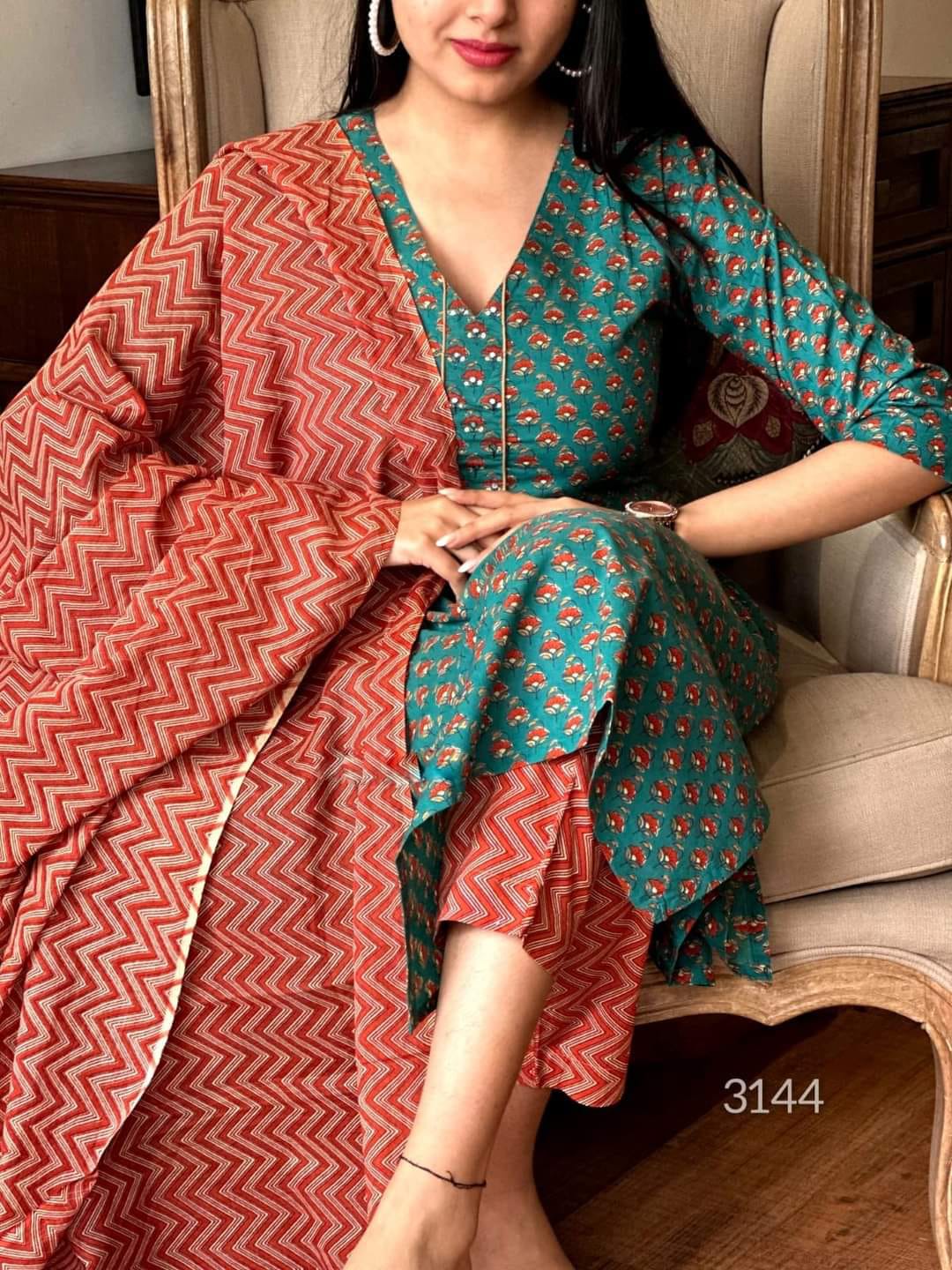 Women's 3-Piece Cotton Suit with Printed Mulmul Dupatta and Sequined Yoke