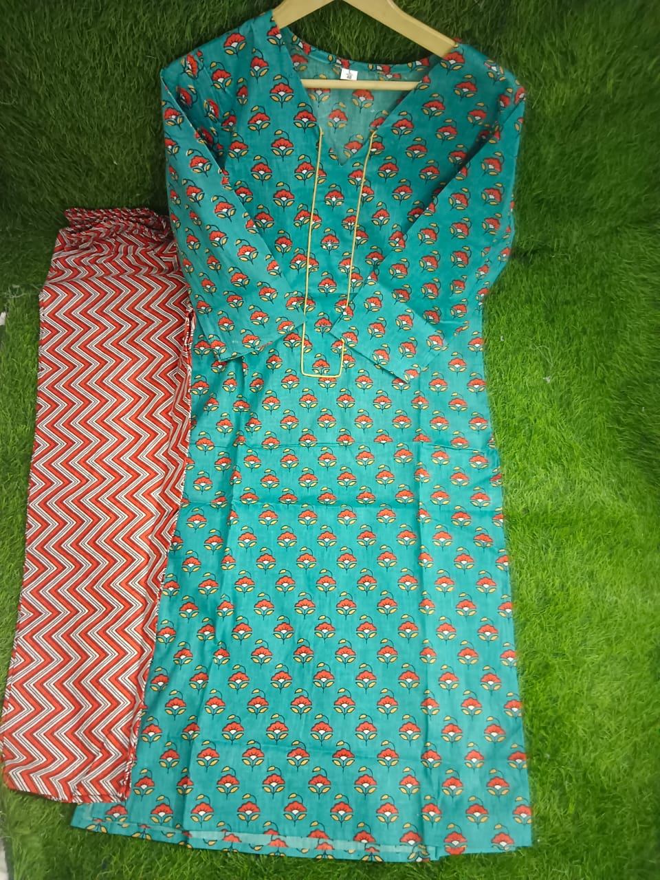 Women's 3-Piece Cotton Suit with Printed Mulmul Dupatta and Sequined Yoke