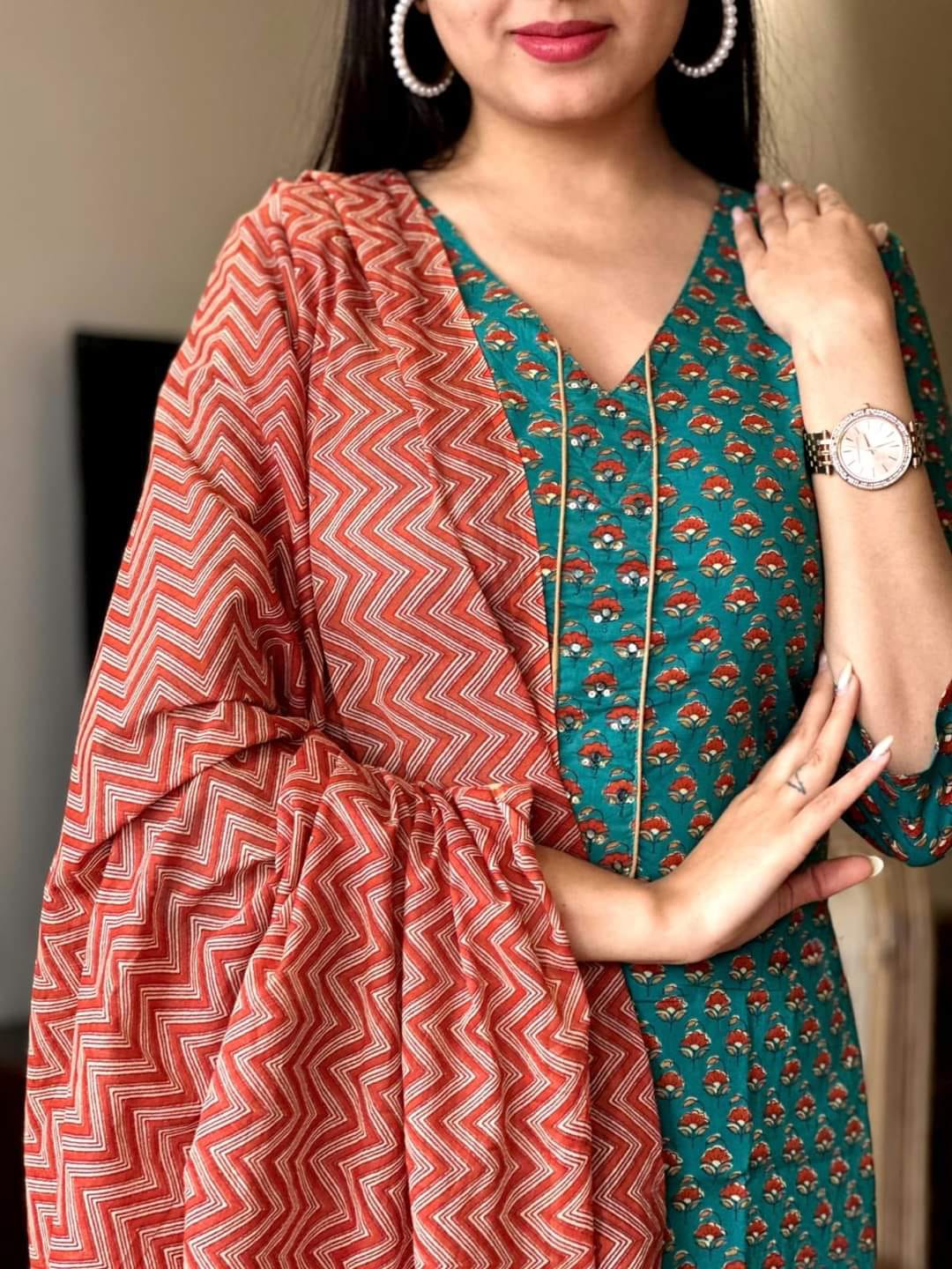 Women's 3-Piece Cotton Suit with Printed Mulmul Dupatta and Sequined Yoke