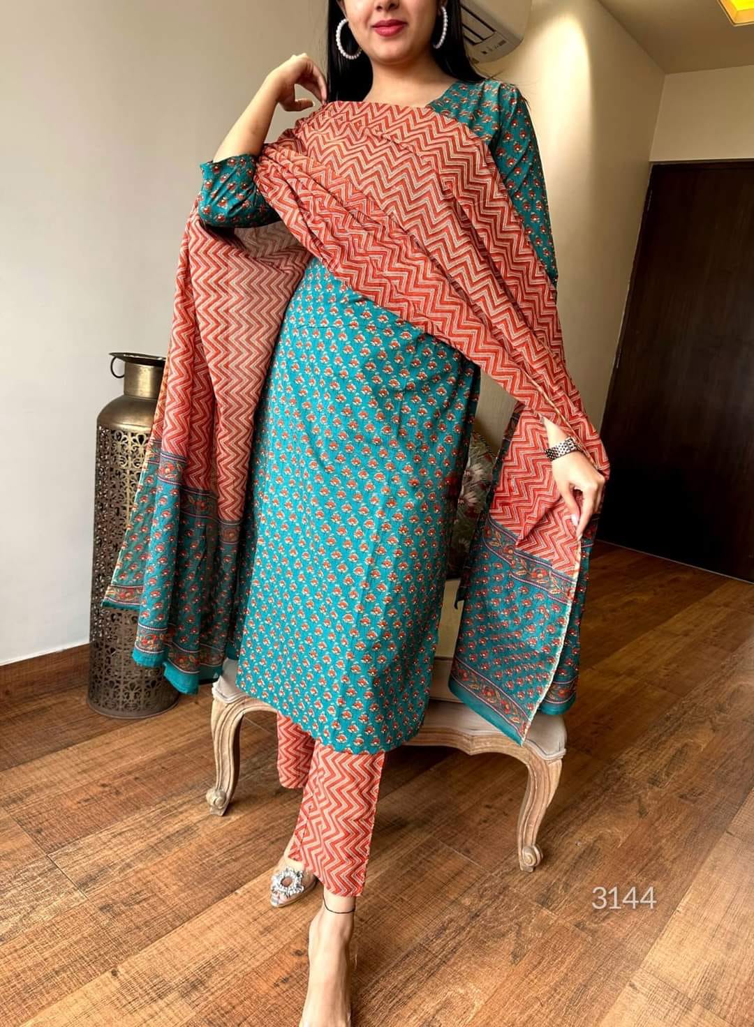 Women's 3-Piece Cotton Suit with Printed Mulmul Dupatta and Sequined Yoke