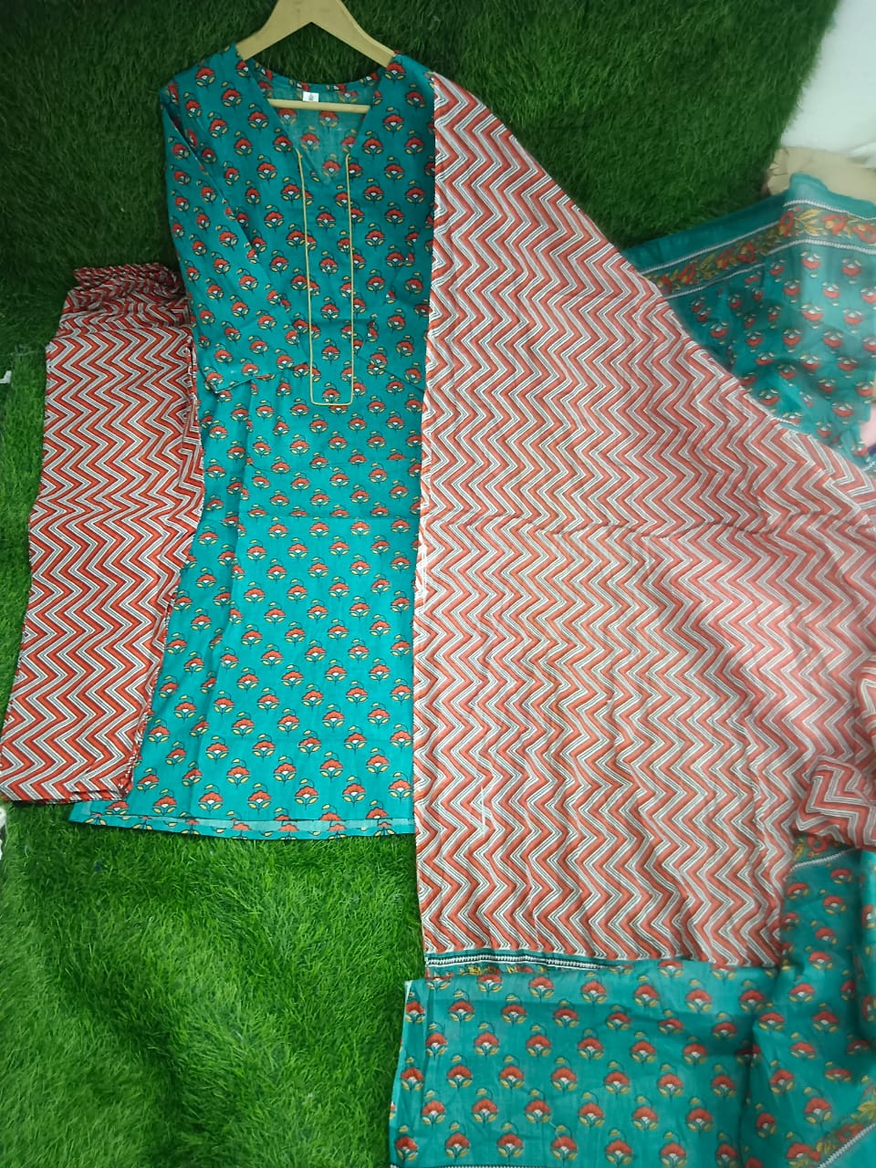 Women's 3-Piece Cotton Suit with Printed Mulmul Dupatta and Sequined Yoke