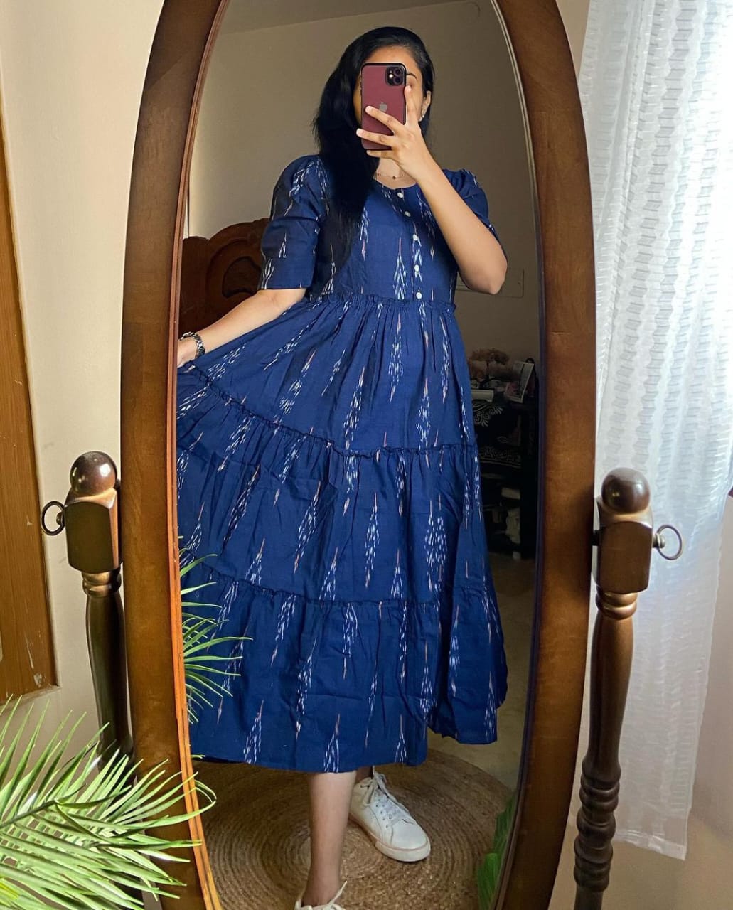 Ikat Print Cotton Midi Dress in Blue