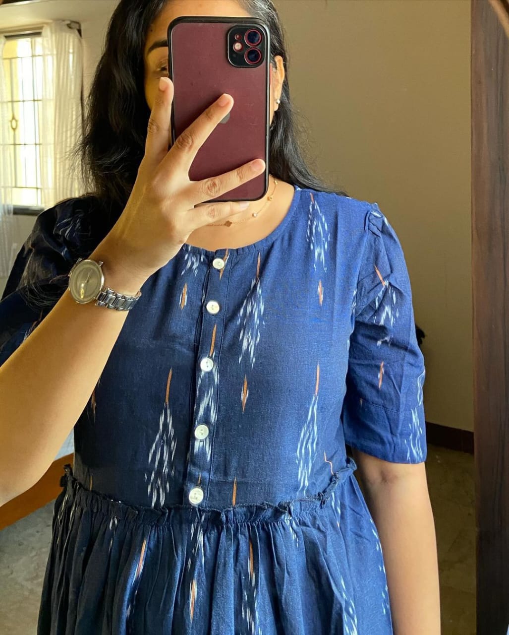 Ikat Print Cotton Midi Dress in Blue