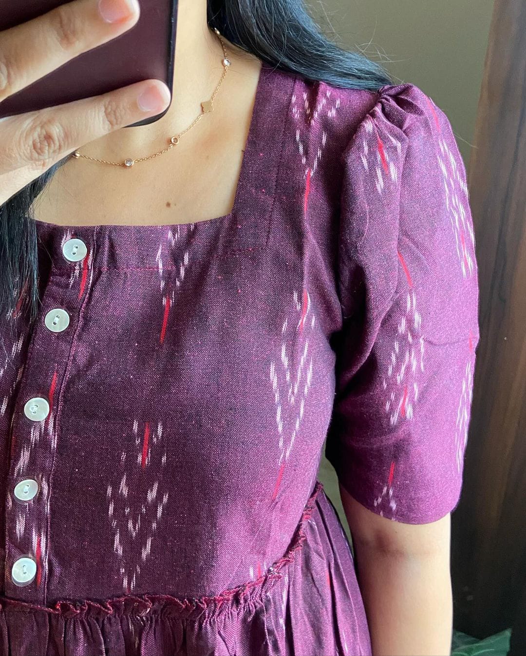 Maroon Ikat Cotton Middy Dress