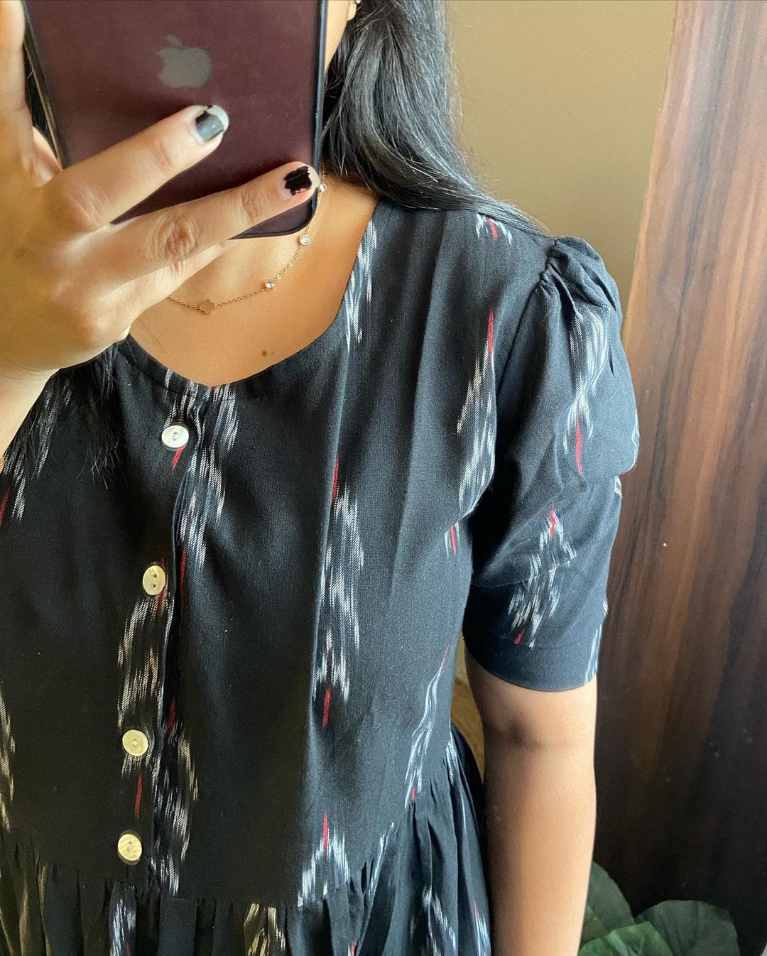 Black Ikat Print Cotton Midi Dress