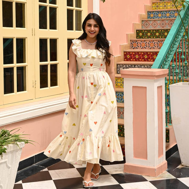 Cream Frill Dress - Crafted from Cotton with Allover Heart Print