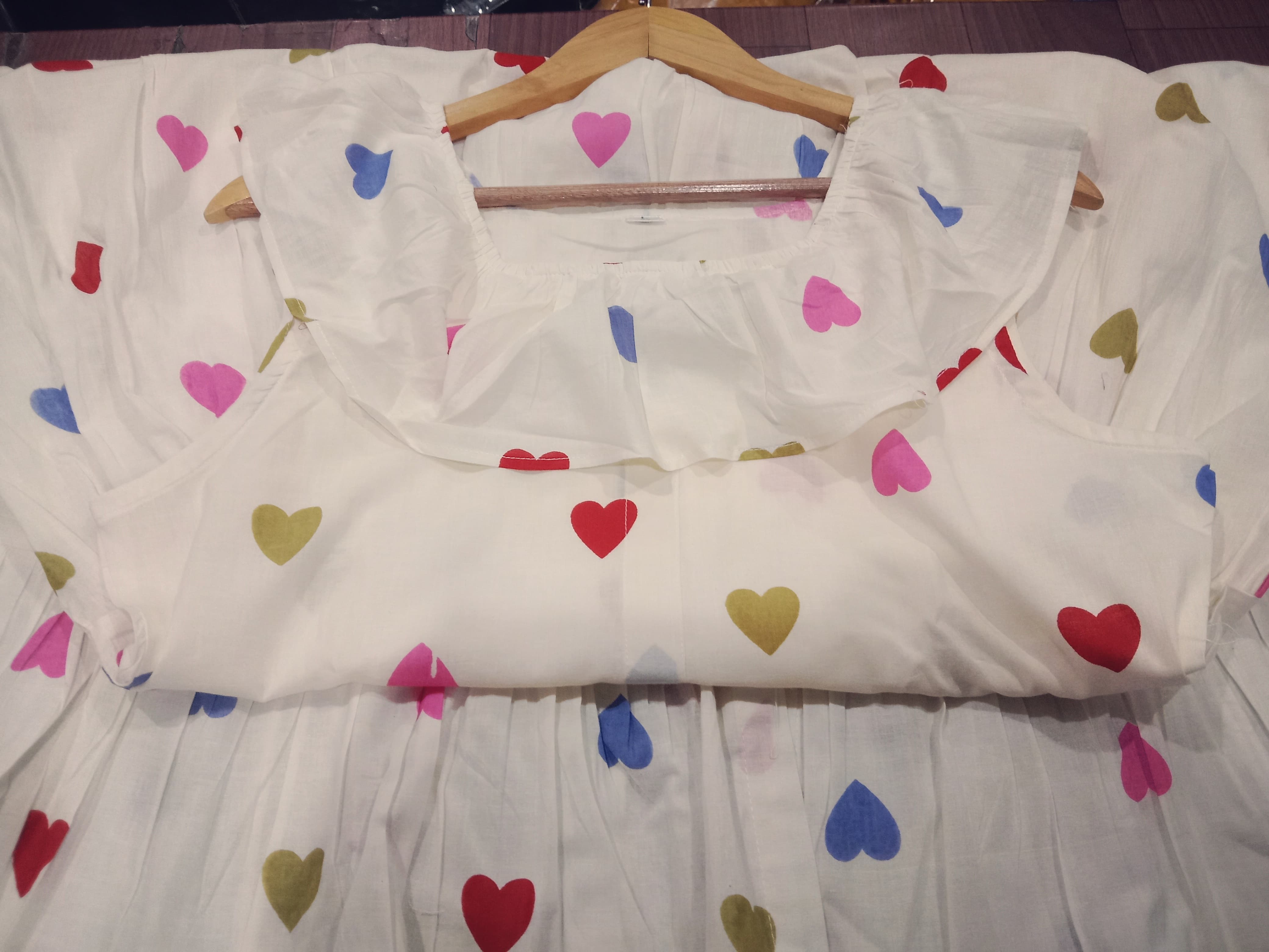 Cream Frill Dress - Crafted from Cotton with Allover Heart Print