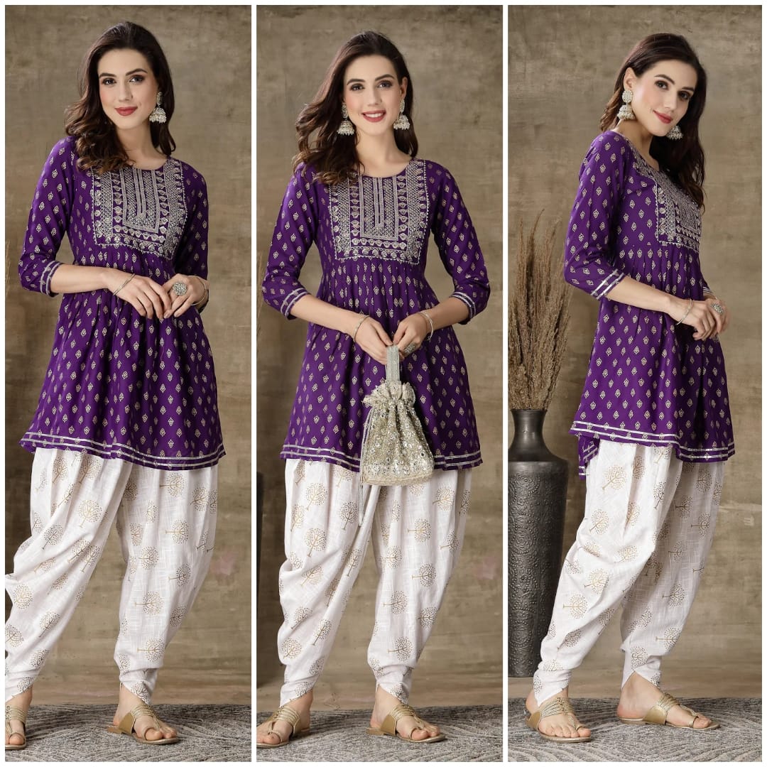Violet Kurti Dhoti Set with Gold Prints, Embroidery & Gota Lace