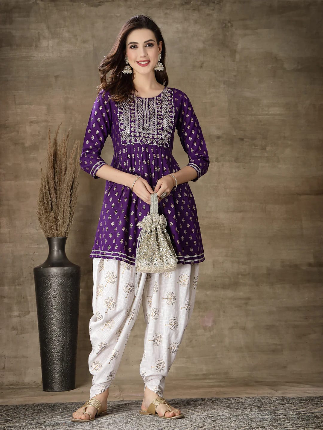 Violet Kurti Dhoti Set with Gold Prints, Embroidery & Gota Lace