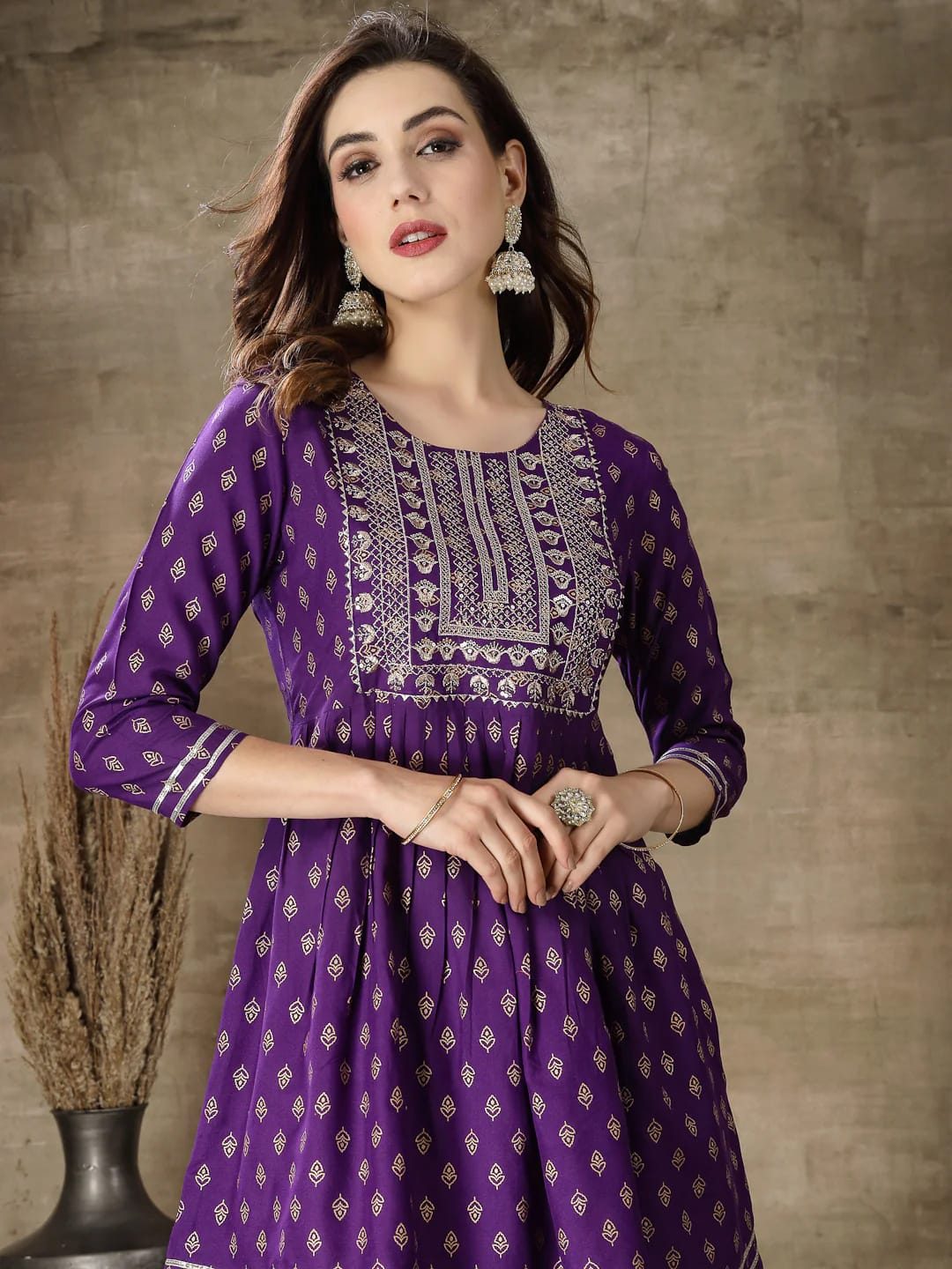 Violet Kurti Dhoti Set with Gold Prints, Embroidery & Gota Lace