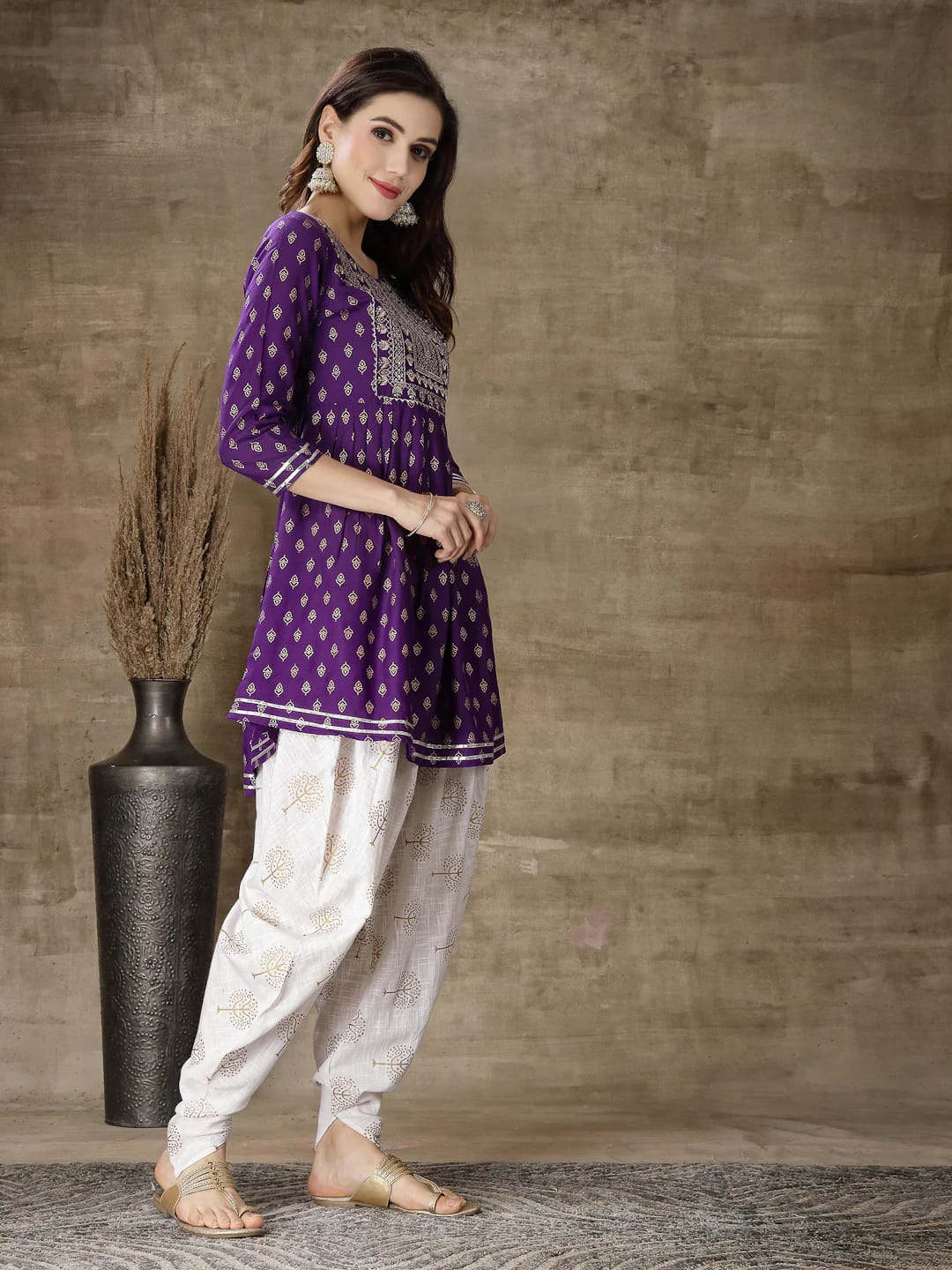 Violet Kurti Dhoti Set with Gold Prints, Embroidery & Gota Lace
