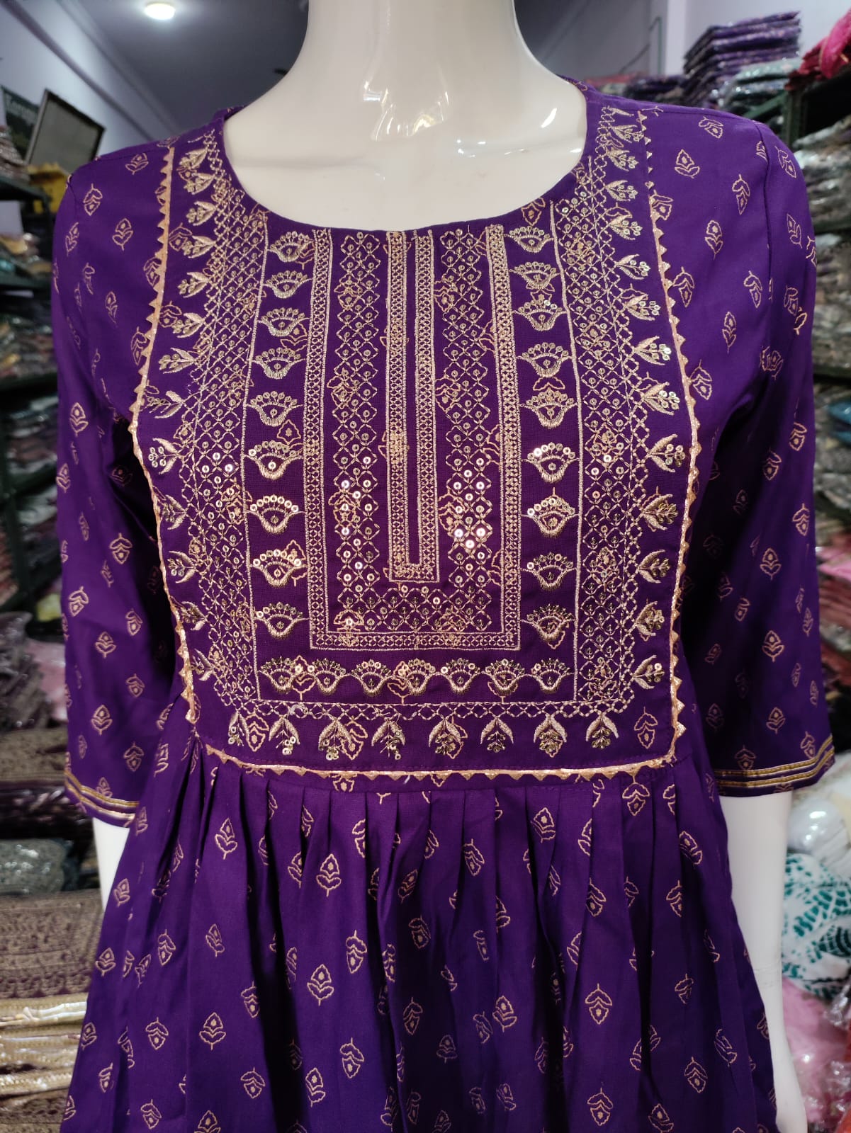 Violet Kurti Dhoti Set with Gold Prints, Embroidery & Gota Lace