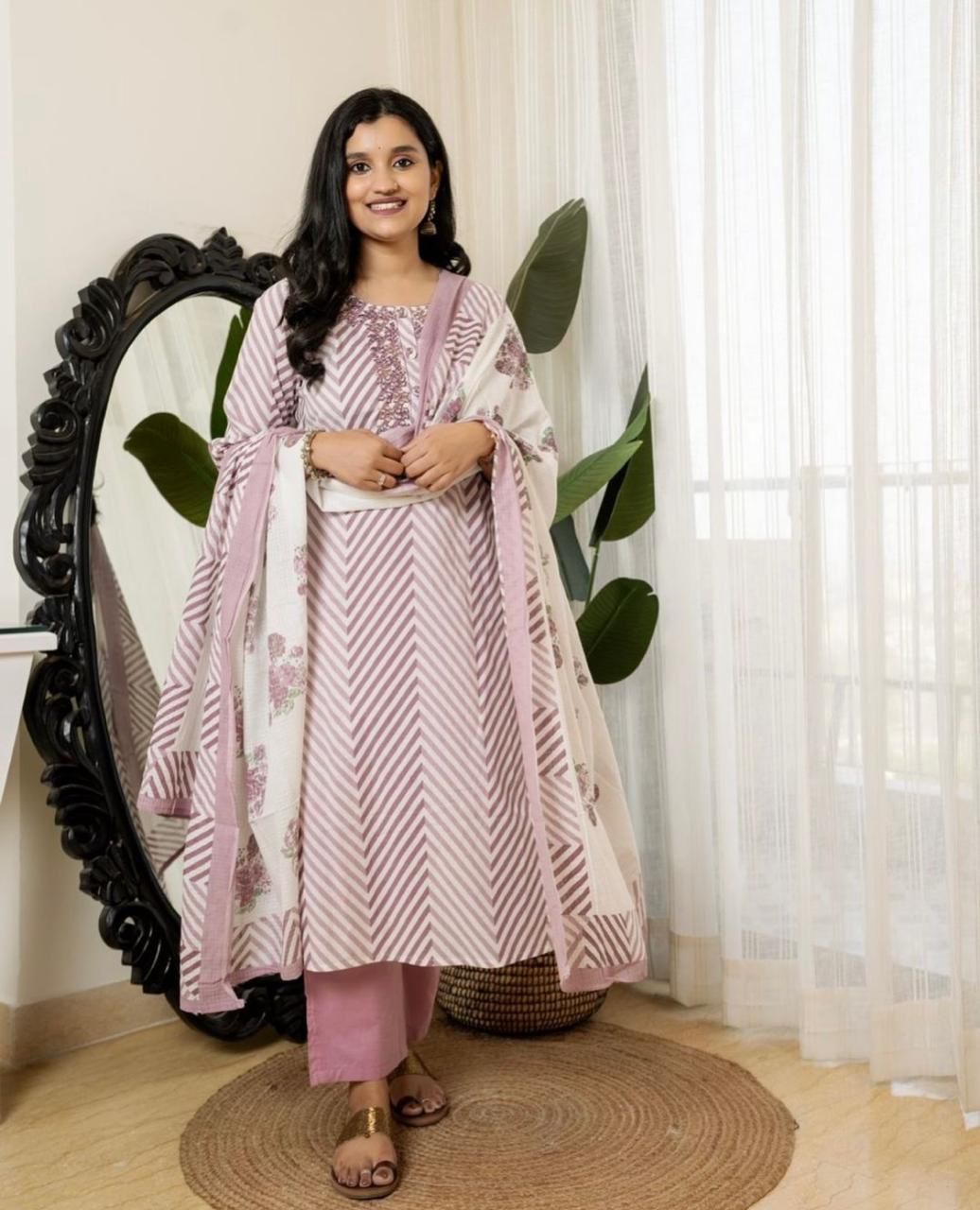 Embroidered Lahriya Kurta Set with Adda Work in Saganeri Print