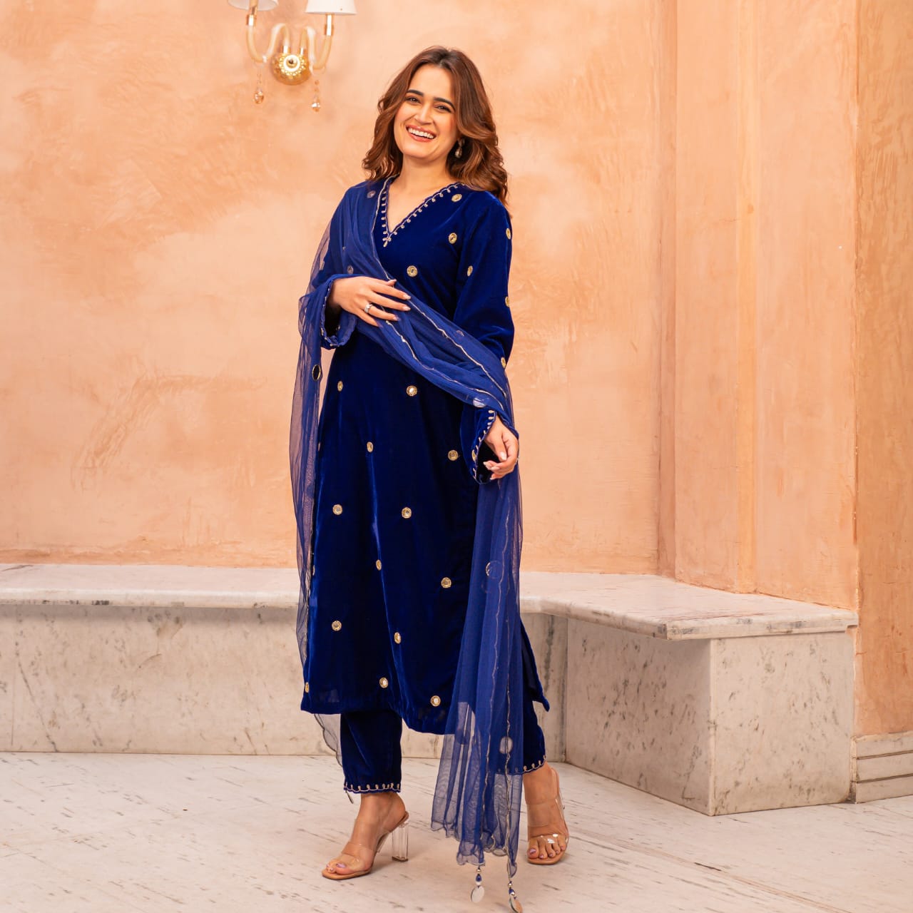 Velvet Suit Set with Mirror and Cut Dana Work | Zari Embroidered Kurta
