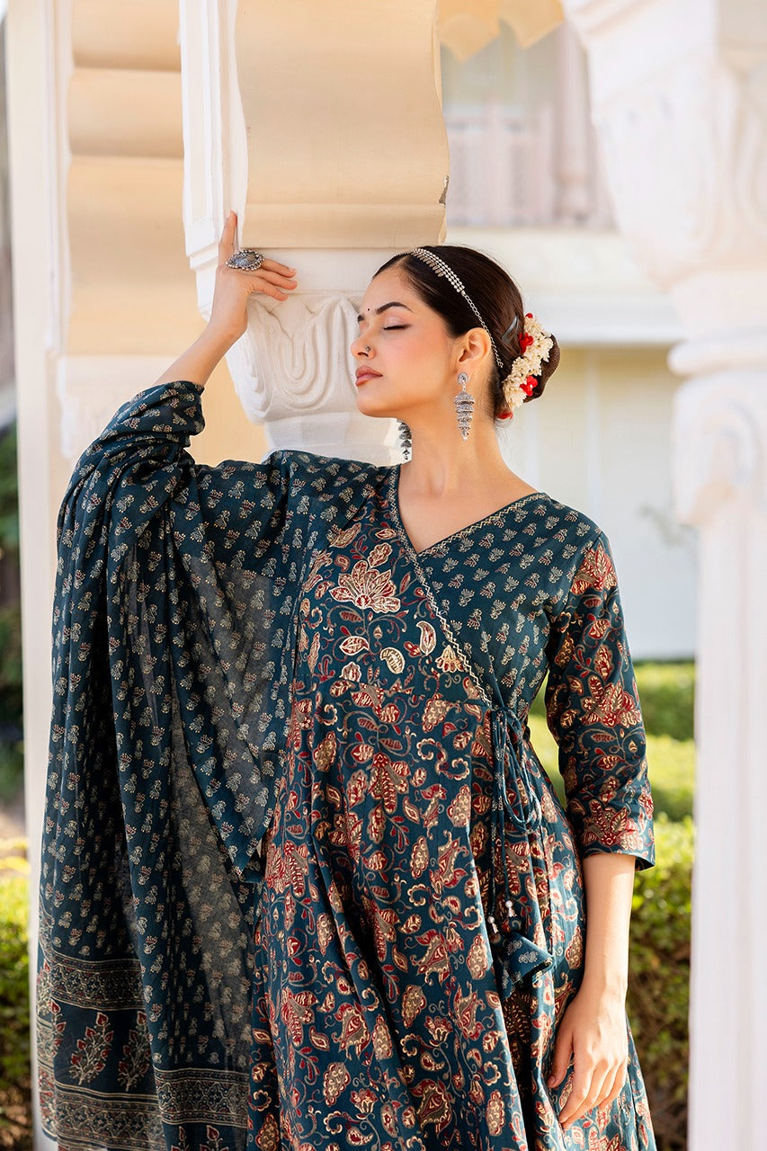 Angrakha Suit with Sanganeri Block Print - Cotton Kurta Set