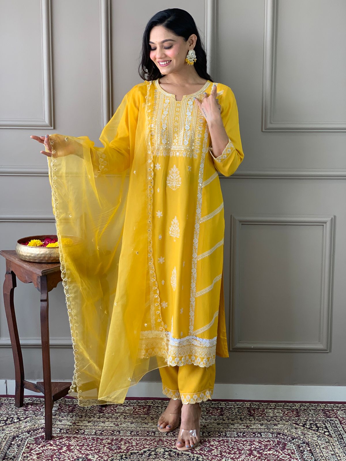 Rayon Embroidery Kurta Set with Organza Dupatta