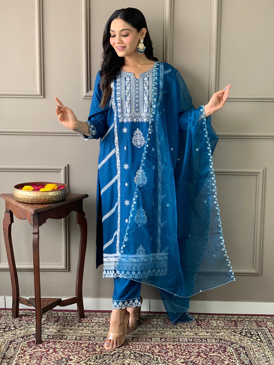 Rayon Embroidery Kurta Set with Organza Dupatta