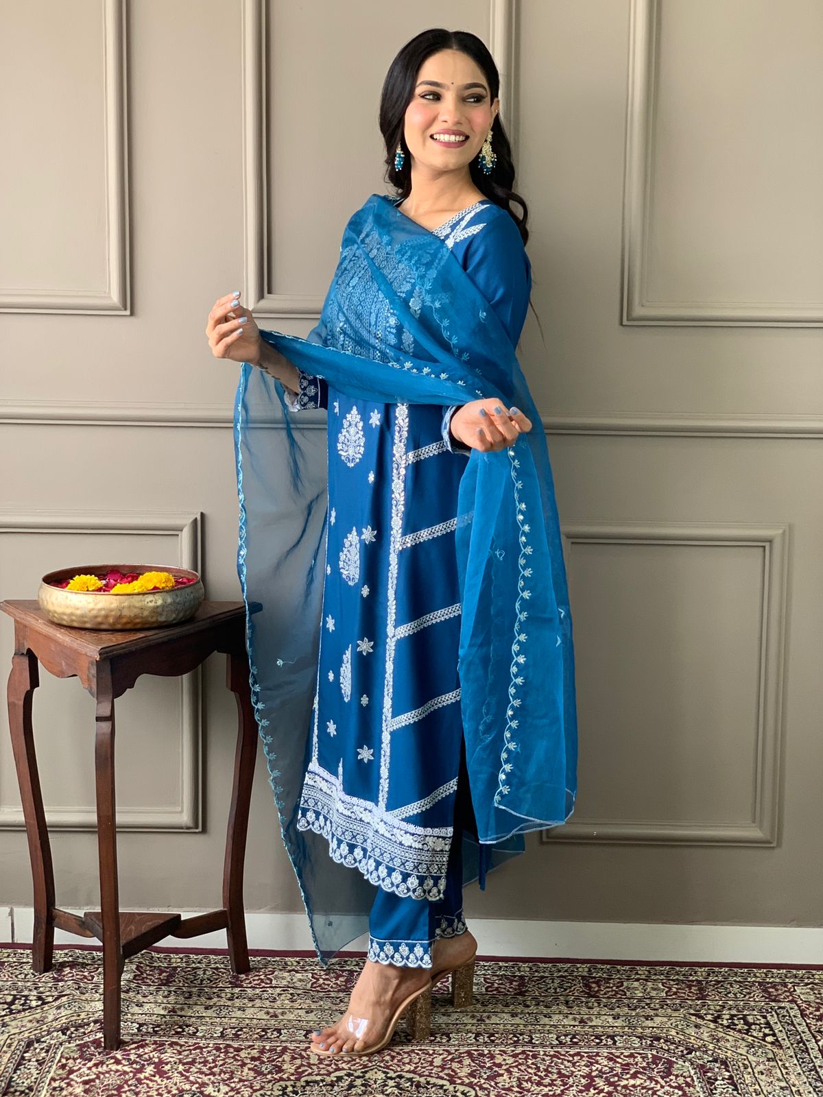 Rayon Embroidery Kurta Set with Organza Dupatta