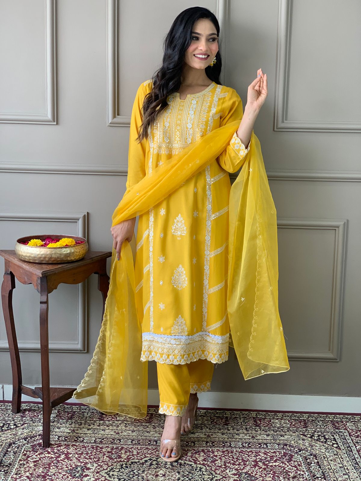 Rayon Embroidery Kurta Set with Organza Dupatta